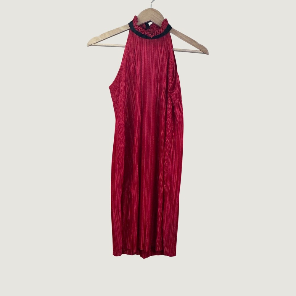 THE FIT Pleated Halter Mini Dress Womens S Red Coquette Glam Party Holiday